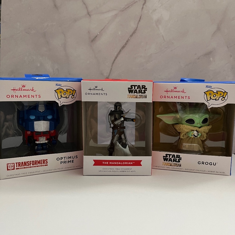 NIB Funko POP! Transformers Optimus, Star Wars Grogu, & Mandalorian Ornament Lot
